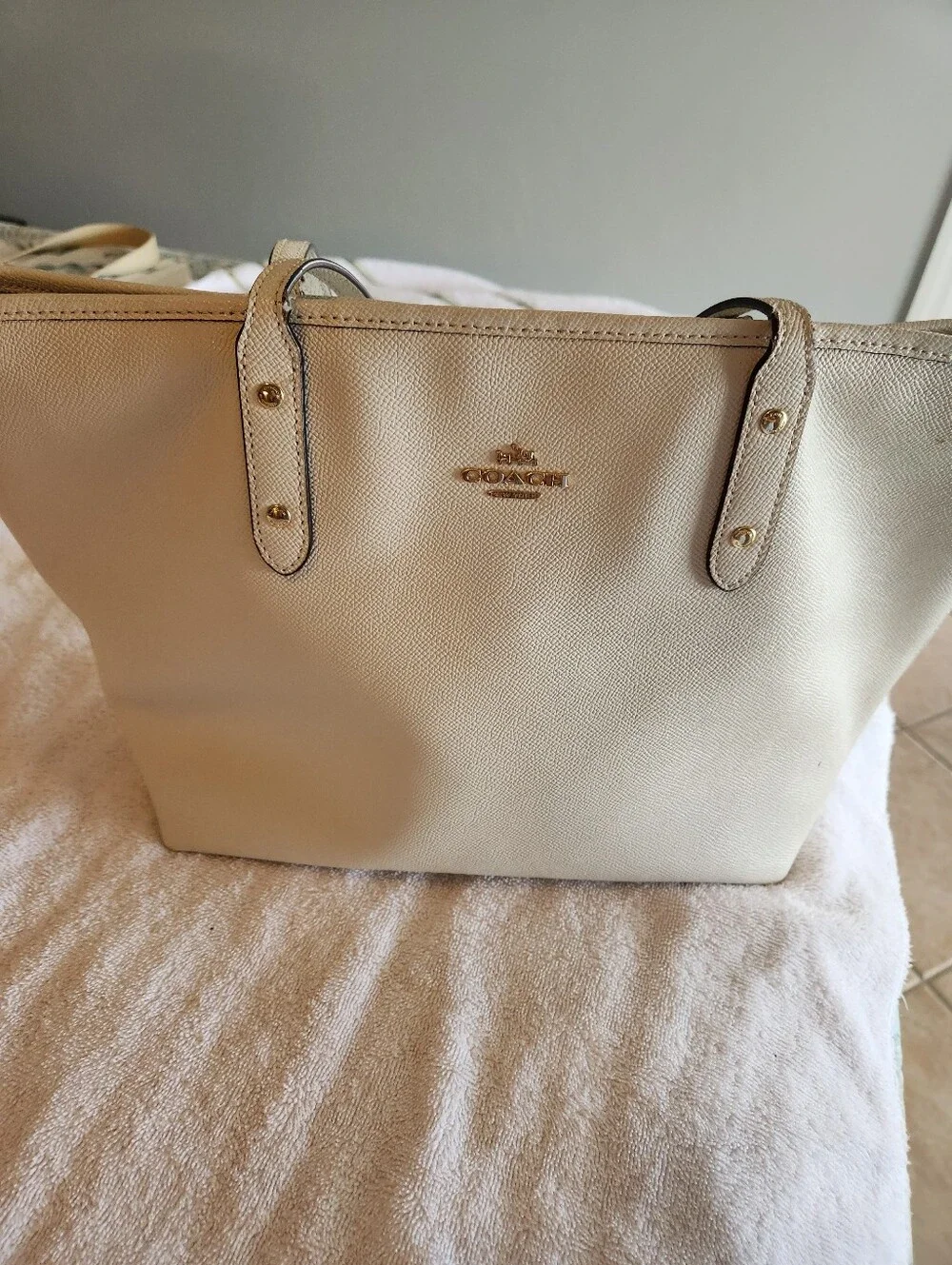 Coach Cream Pebble Leather Tote with Gold Logo